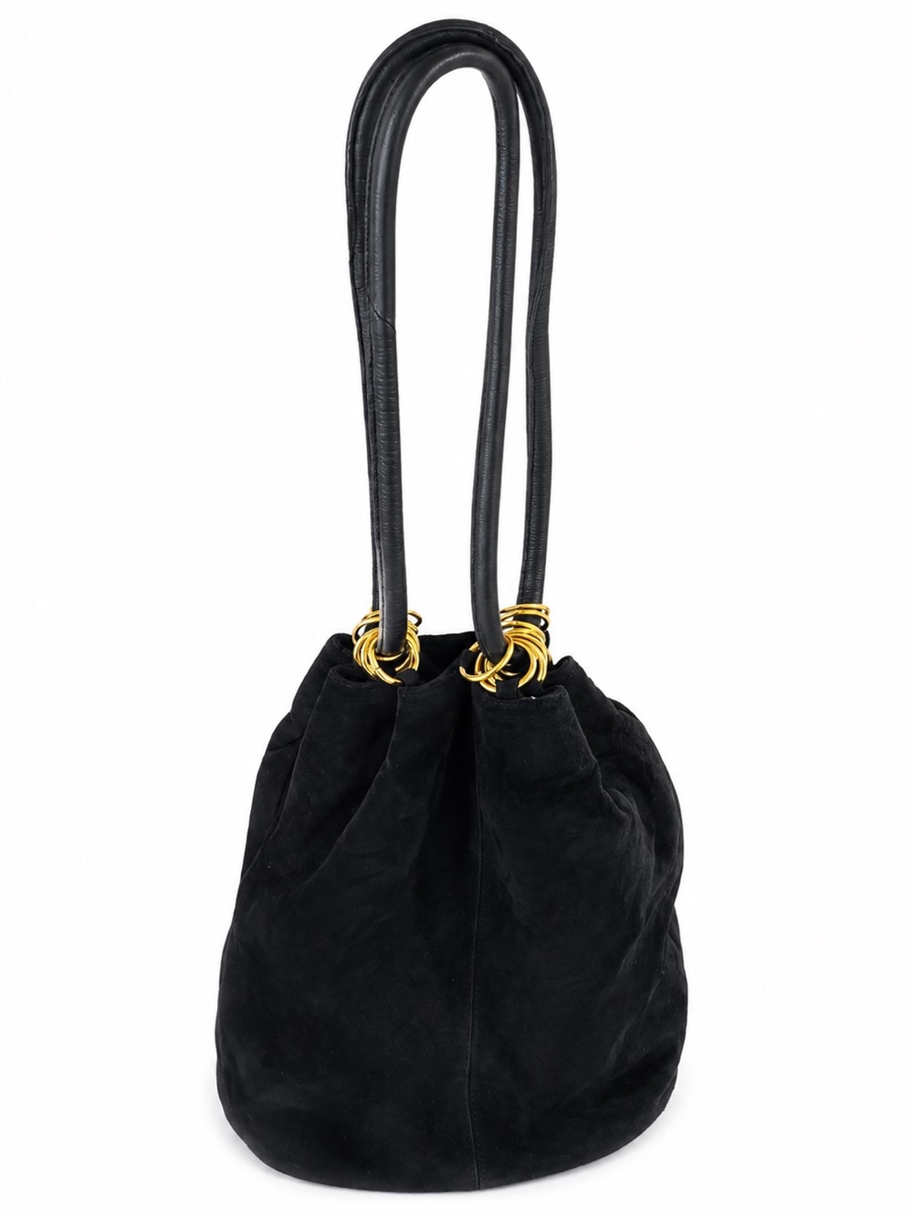 Saddle River Black Suede Leather Bucket Shoulder Bag Gold Hardware